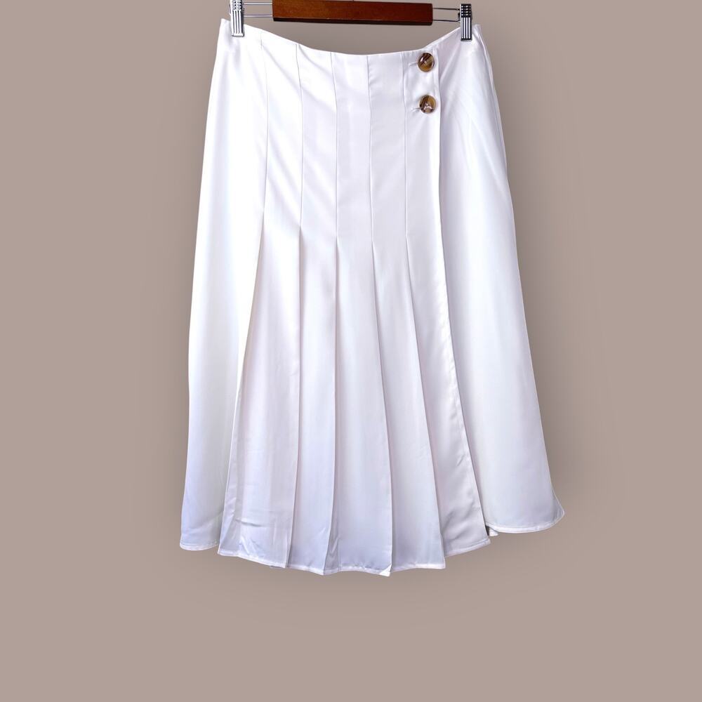 BR Silky Crepe Pleated Wrap Skirt A-Line in Ivory 2 Button Accent Women's 8 NWT - Picture 2 of 15